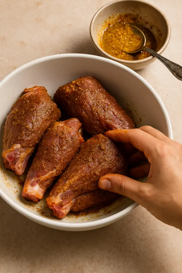 Marinating lamb shanks with Moroccan spices for Mrouzia recipe – step 1