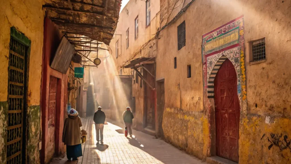 A sunlit alley in the historic medina of Meknes, the authentic setting that inspired this Moroccan chicken tagine recipe.