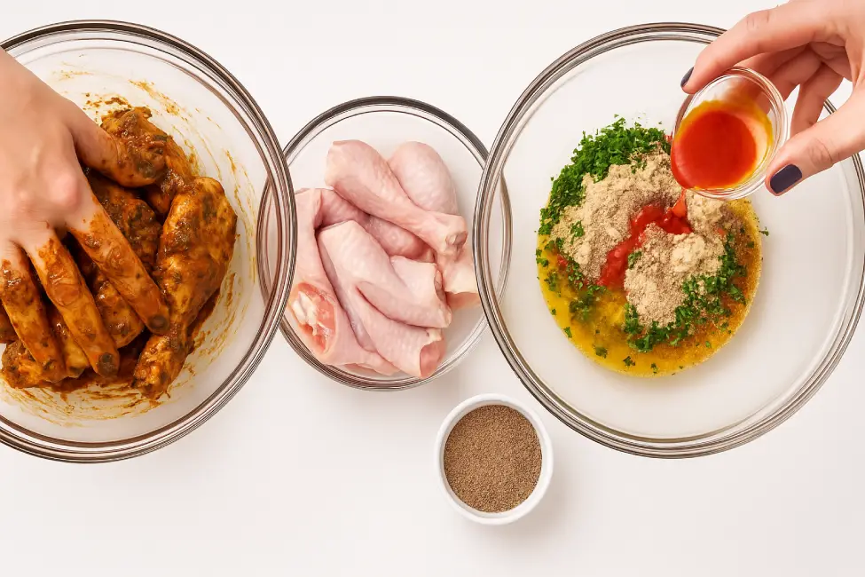 Three glass bowls showing the preparation of Moroccan chicken tagine, with raw chicken, marinade ingredients, and chicken coated in spices.