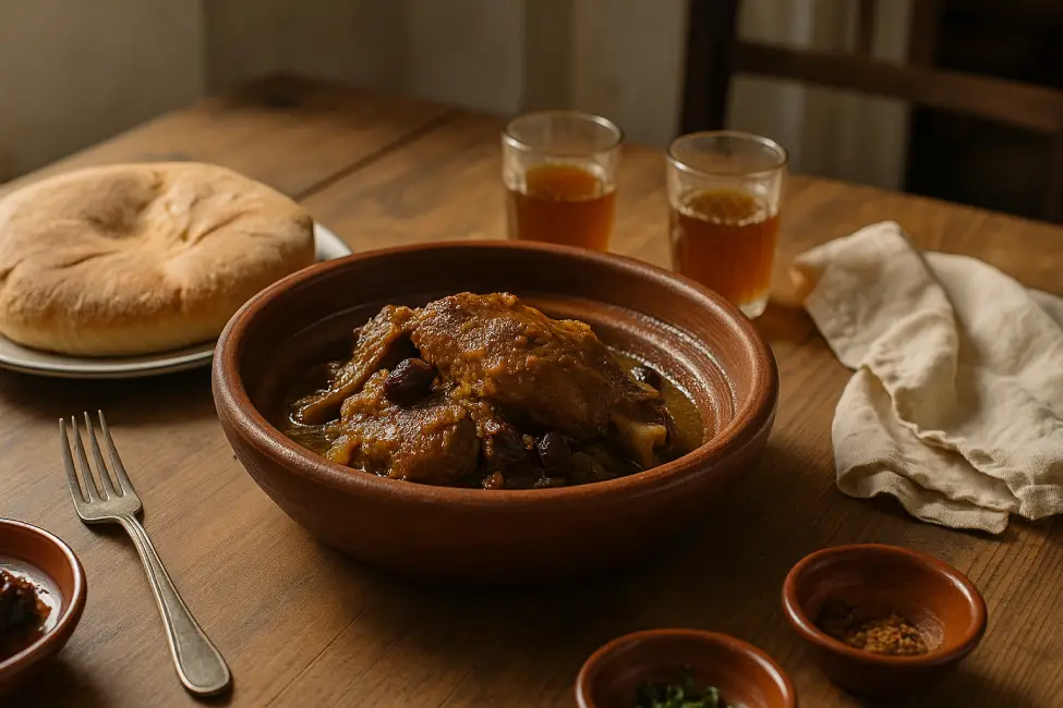 Mrouzia recipe, A rustic Moroccan table setting with Mrouzia lamb in a terracotta bowl, khobz bread, and mint tea in traditional glasses