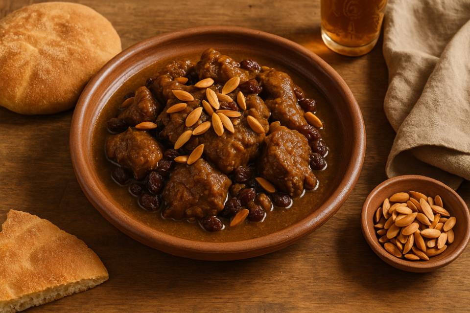 A plate of lamb Mrouzia recipe topped with toasted almonds, served with Moroccan khobz bread and a glass of tea on a wooden table