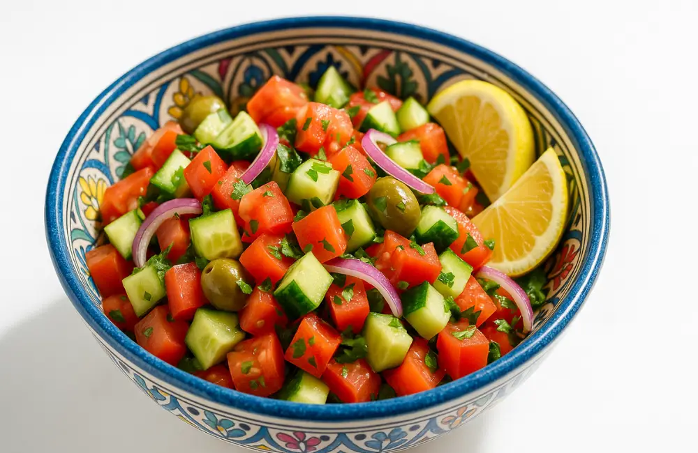 A bright bowl of refreshing Moroccan salad with tomato and cucumber, the perfect side dish to balance a rich Moroccan tagine recipe.