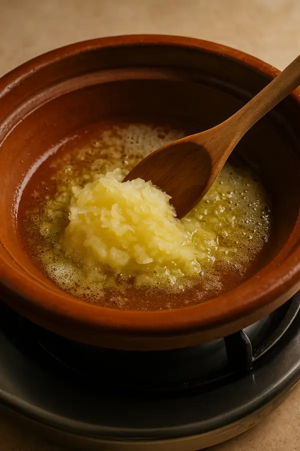 Grated onions cooking in olive oil in a Moroccan tagine for Mrouzia recipe – step 2