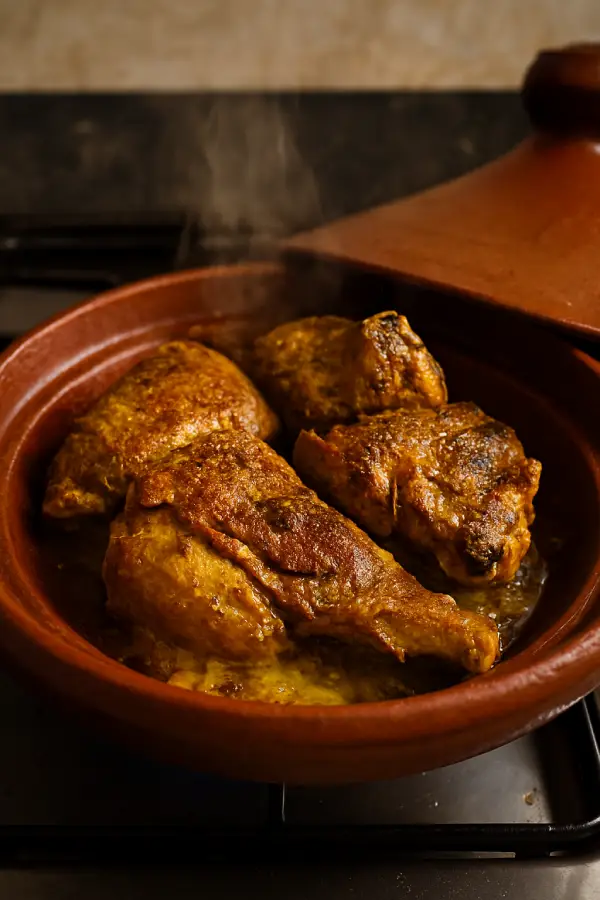 Searing lamb shanks in a tagine to develop rich golden crust – Mrouzia recipe
