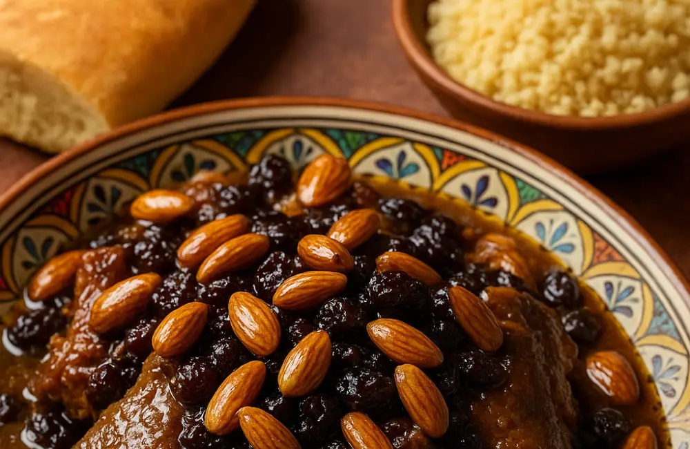 Traditional Moroccan Mrouzia topped with almonds and raisins, served with couscous and bread