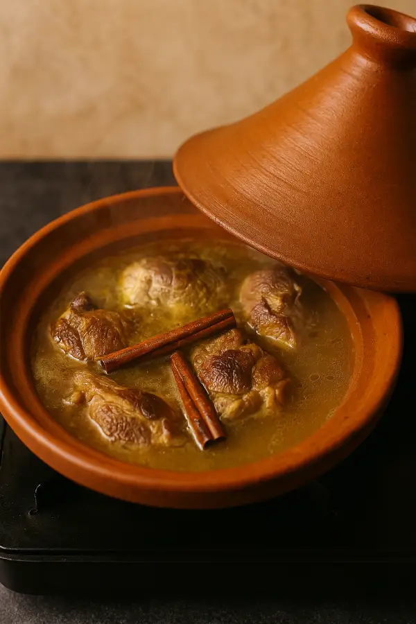 Lamb shanks simmering with cinnamon sticks in a Moroccan tagine for Mrouzia recipe – step 3