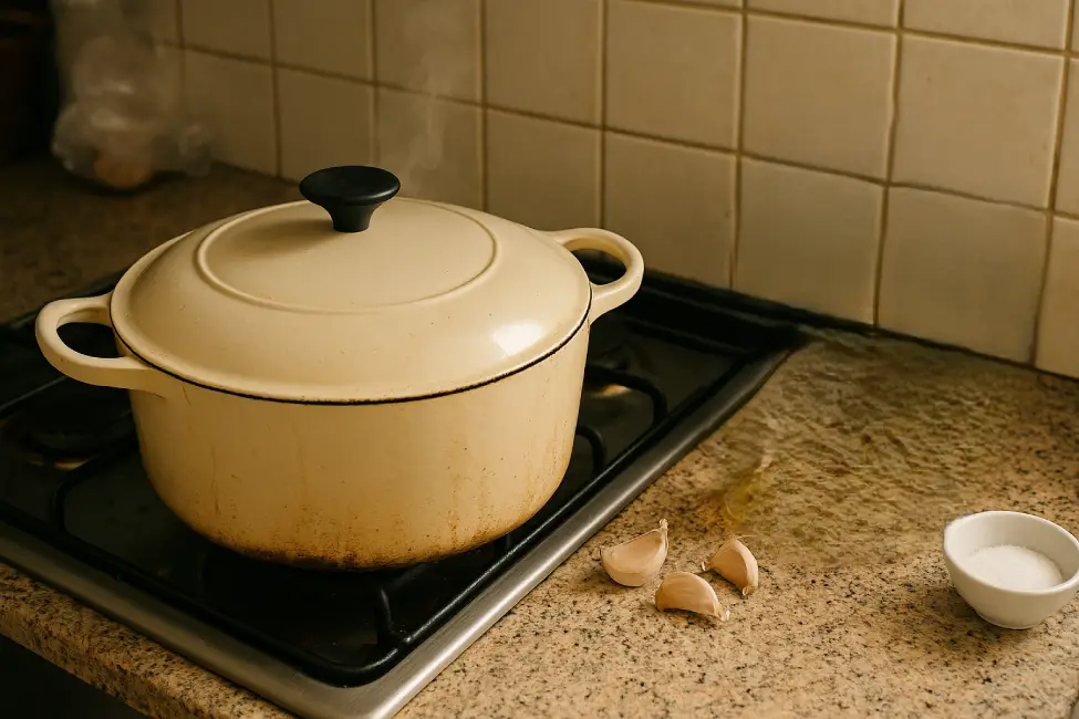 A covered pot slow-simmering a Moroccan chicken tagine on the stove.