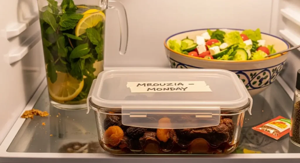 Mrouzia recipe. Leftover Mrouzia stored in a glass container in the fridge labeled “Mrouzia – Monday”
