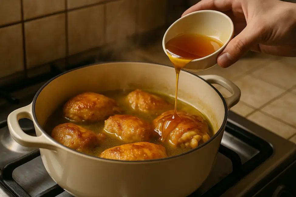 Adding honey to the simmering chicken tagine to balance the flavors.