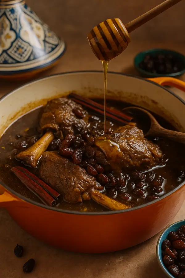Honey being drizzled over lamb and raisins in final step of Moroccan Mrouzia recipe