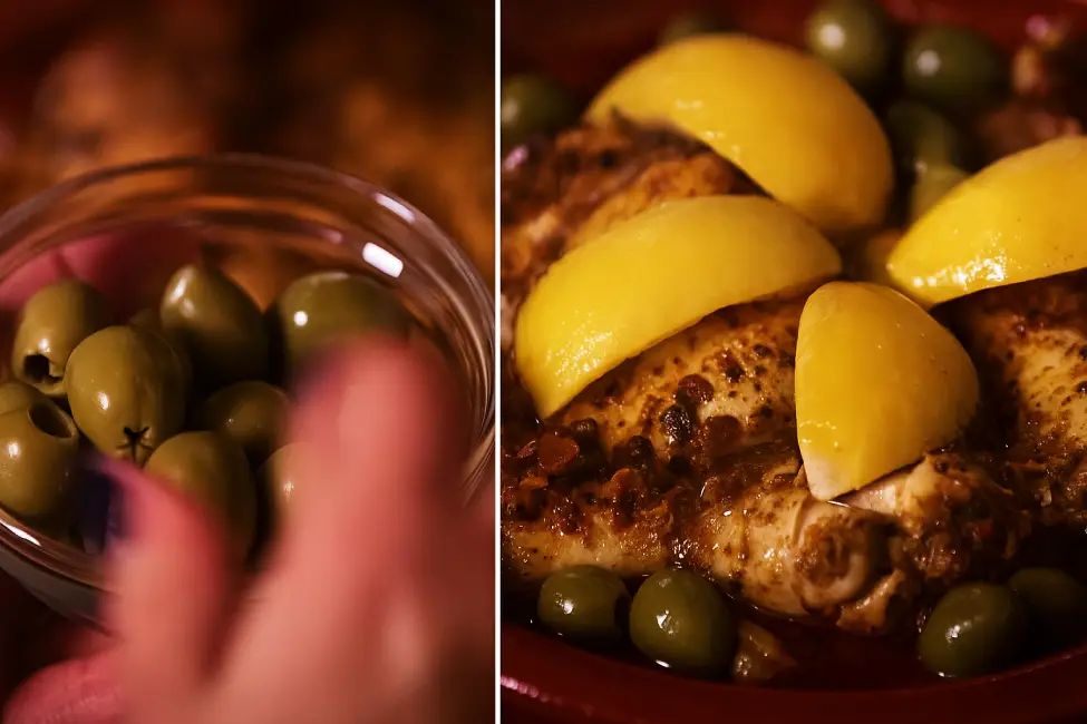 Traditional Moroccan chicken tagine topped with preserved lemons and green olives in a red clay pot.