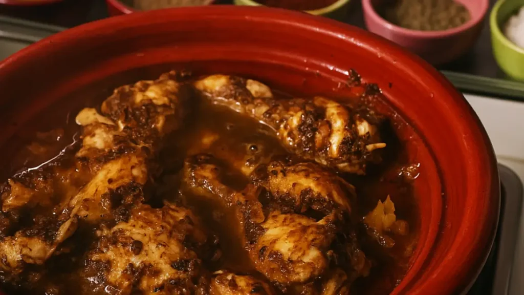 Traditional Moroccan chicken tagine simmering in a red clay pot with spices and sauce, surrounded by bowls of colorful spices.