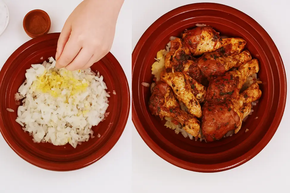 Step-by-step preparation of Moroccan chicken tagine in a clay dish, layering onions, spices, and marinated chicken.