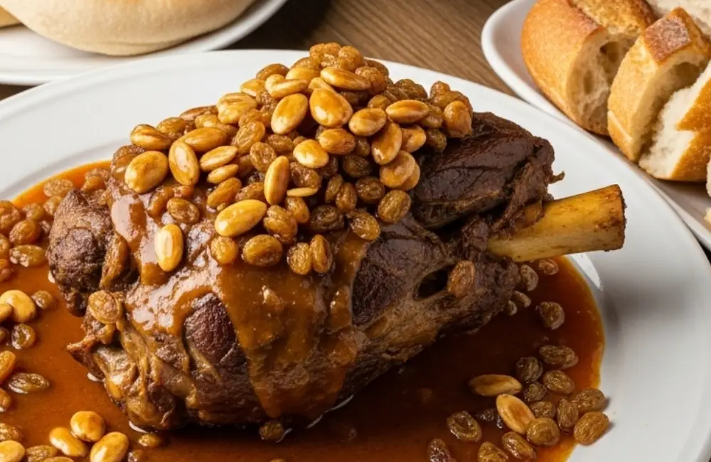Moroccan Mrouzia recipe, lamb shank glazed in sweet spiced sauce, topped with golden raisins and fried almonds, served with bread