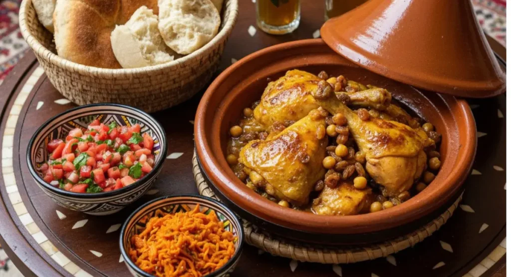 A full Moroccan meal featuring a chicken tagine with chickpeas and raisins as the main dish, served on a traditional table with a basket of Khobz bread, a bowl of Moroccan tomato salad, and a carrot salad.