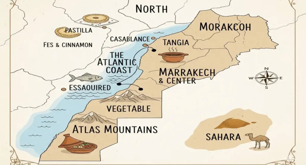 Food of Morocco. An illustrated map of Morocco showing the culinary regions, with icons for famous dishes like tagine, pastilla, and tangia.