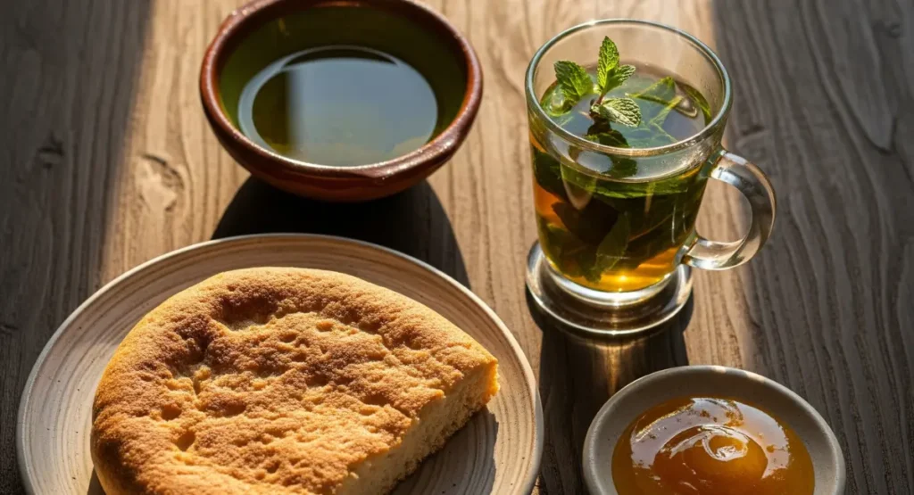 A simple Moroccan breakfast spread with a piece of Khobz, a bowl of olive oil, honey, and a glass of mint tea.
