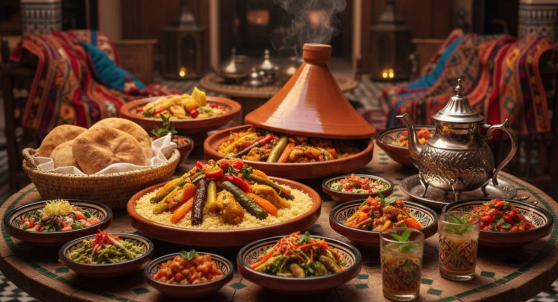 Food of Morocco. An abundant feast of traditional Moroccan food on a rustic table, featuring a tagine, couscous, salads, and bread, representing the best of Moroccan cuisine.