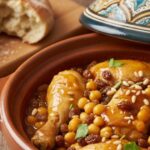 an authentic Moroccan dish: Chicken Tagine with Chickpeas and Raisins served in a clay pot, with a decorative lid and Moroccan bread in the background.