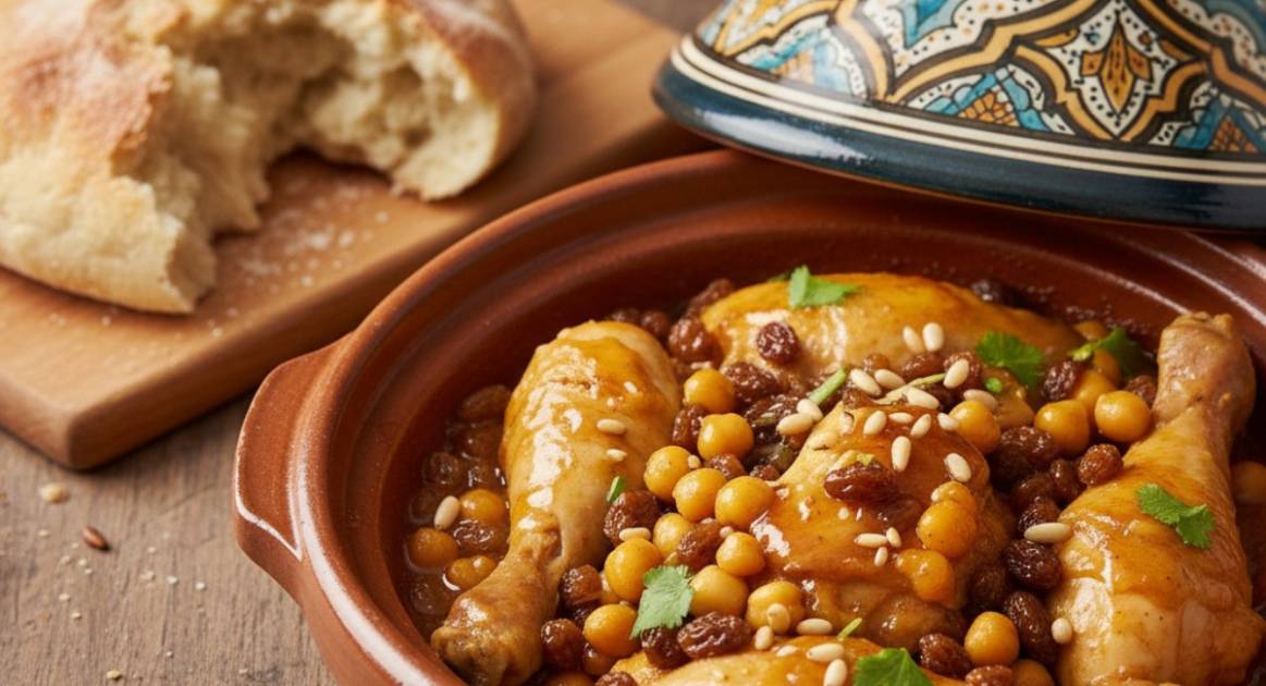 an authentic Moroccan dish: Chicken Tagine with Chickpeas and Raisins served in a clay pot, with a decorative lid and Moroccan bread in the background.