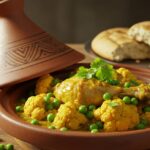 An authentic Moroccan chicken tagine recipe served in a clay pot, featuring tender chicken, cauliflower, and peas in a rich golden sauce, garnished with cilantro.