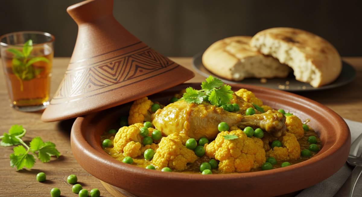 An authentic Moroccan chicken tagine recipe served in a clay pot, featuring tender chicken, cauliflower, and peas in a rich golden sauce, garnished with cilantro.
