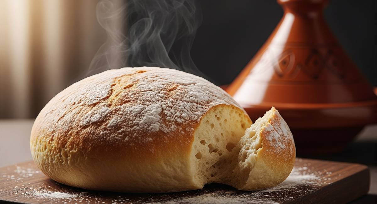 A perfectly golden-brown, freshly baked loaf of Moroccan bread, with a piece torn off to show the soft crumb.