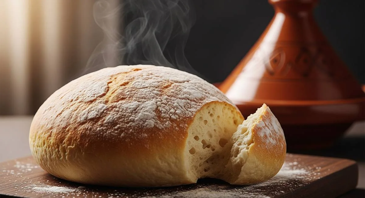 A perfectly golden-brown, freshly baked loaf of Moroccan bread, with a piece torn off to show the soft crumb.
