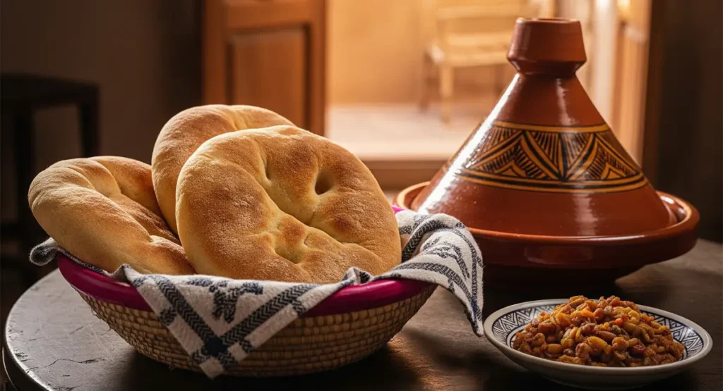 Basket of traditional Moroccan bread Khobz on a table, served with a tagine and a small dish of Moroccan salad.