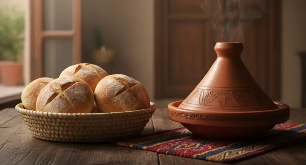 Basket of fresh Moroccan bread Khobz next to a traditional clay tagine, ready for a meal.