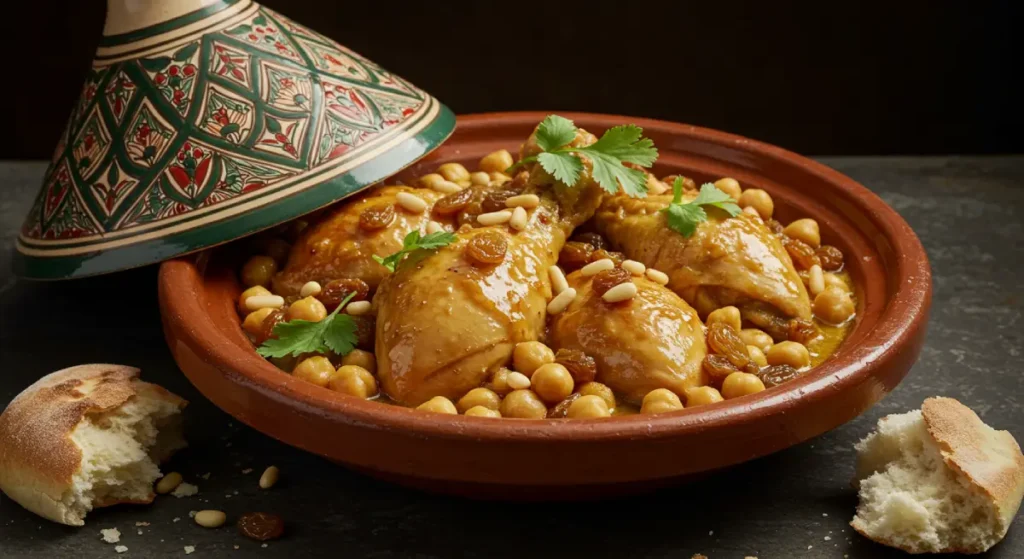 traditional Moroccan dish: a chicken tagine with chickpeas, golden raisins, and pine nuts, served in an ornate clay pot with the lid ajar and Moroccan bread.