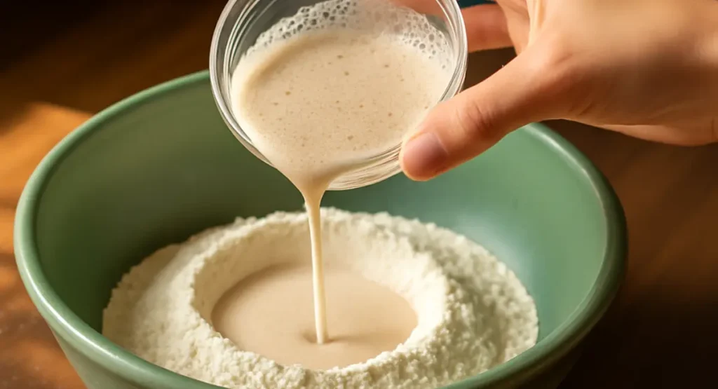 A close-up of active dry yeast blooming in a glass bowl of warm water, with a thick layer of foam on top, ready for the Moroccan bread dough.