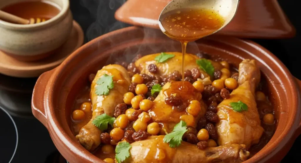The final step in cooking a Moroccan dish: a spoon bastes the chicken tagine, chickpeas, and raisins with a glossy, honey-infused sauce inside a steaming clay pot.