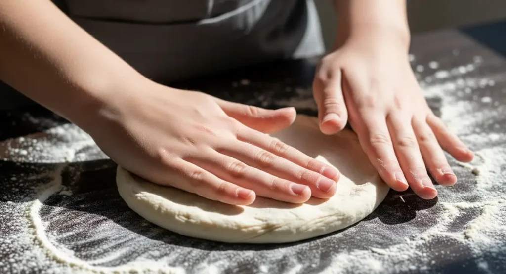 Hands gently flattening a ball of Moroccan bread dough into a flat, circular disc on a baking sheet.