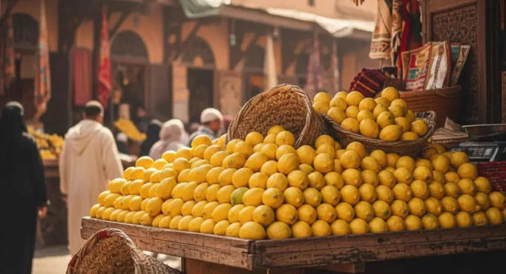 A traditional Moroccan souk with a wooden cart overflowing with fresh yellow lemons, showing the importance of citrus in Moroccan cuisine before learning how to make preserved lemons.