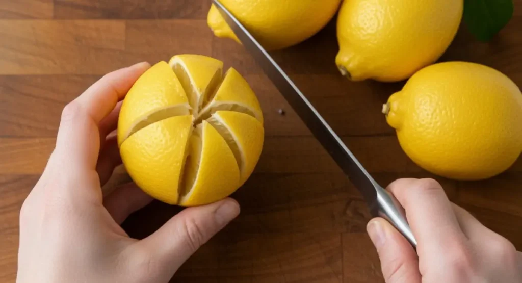 A pair of hands on a wooden cutting board showing how to make preserved lemons by cutting a fresh lemon into attached quarters like a flower.