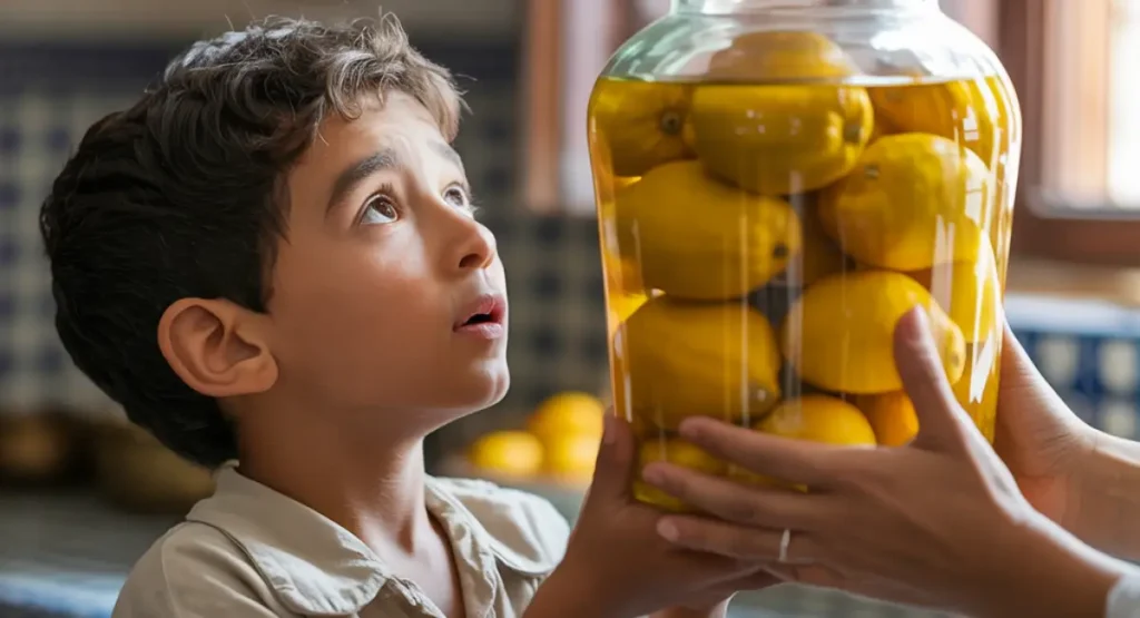 A young Moroccan boy looking with wonder at a large glass jar of homemade preserved lemons held by his mother's hands, illustrating how to make preserved lemons with a traditional family method.