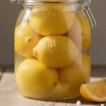 A large glass jar filled with homemade preserved lemons, sitting on a wooden table in the sun. This image is the final result for our guide on how to make preserved lemons the authentic Moroccan way.