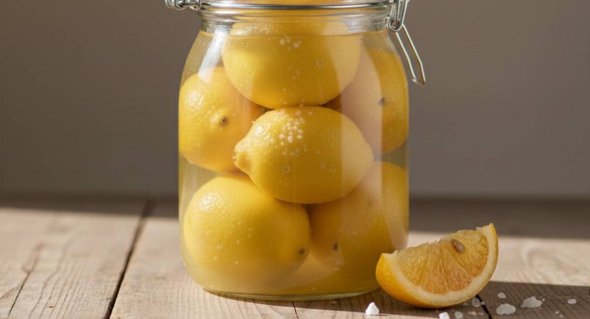 A large glass jar filled with homemade preserved lemons, sitting on a wooden table in the sun. This image is the final result for our guide on how to make preserved lemons the authentic Moroccan way.