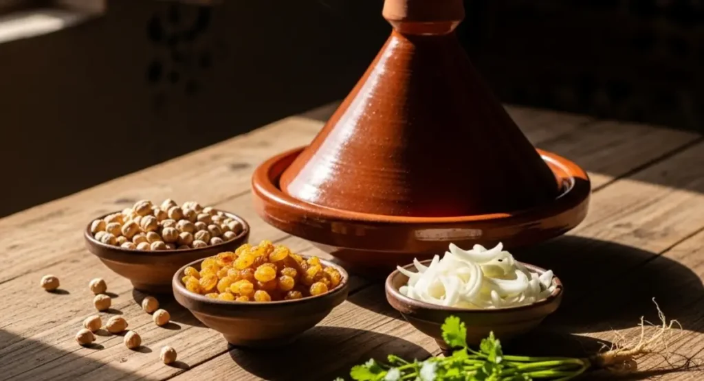 A rustic wooden table with ingredients for a Moroccan dish: a clay tagine pot, a bowl of dried chickpeas, a bowl of golden raisins, a bowl of sliced onions, and fresh cilantro.
