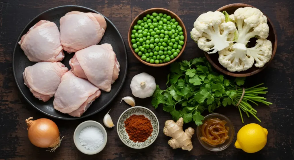 All the key ingredients for an authentic chicken tagine recipe laid out on a table: raw chicken, cauliflower, green peas, onion, spices, and preserved lemons.