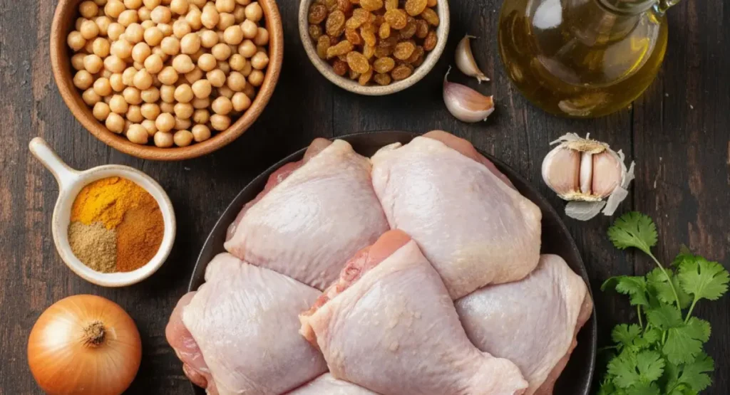 A top-down view of the key ingredients for a Moroccan chicken dish, arranged on a dark wooden table: raw chicken thighs, a bowl of chickpeas, golden raisins, an onion, garlic, a spoon with spices, and a bottle of olive oil.