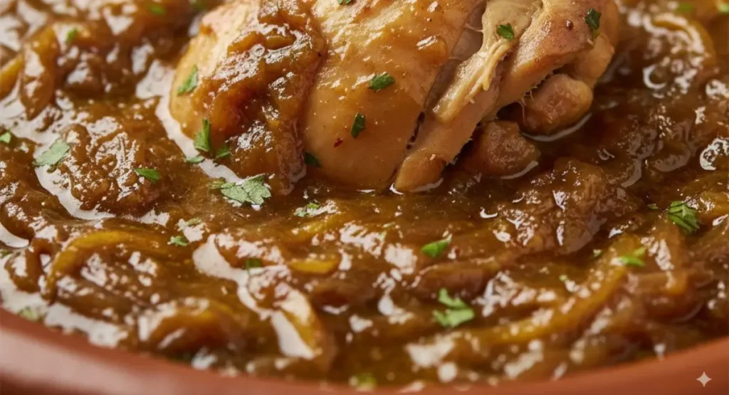 A macro close-up of the rich, thick Daghmira sauce in a Moroccan dish, with tender chicken meat and melted onions, garnished with parsley.