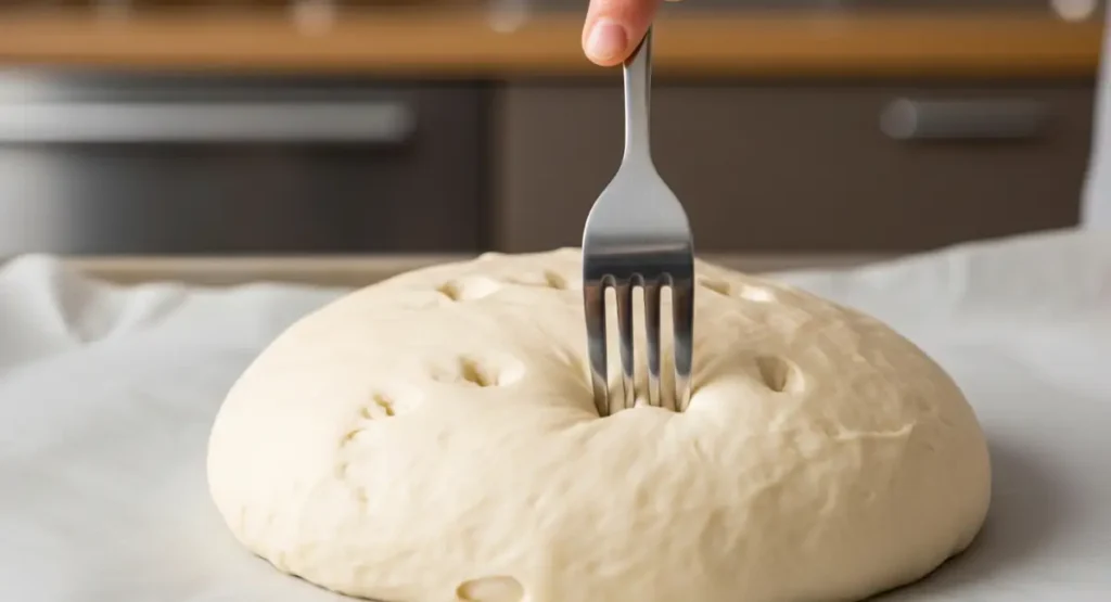 A close-up of a fork poking small holes into the top of a risen Moroccan bread loaf before it goes into the oven.