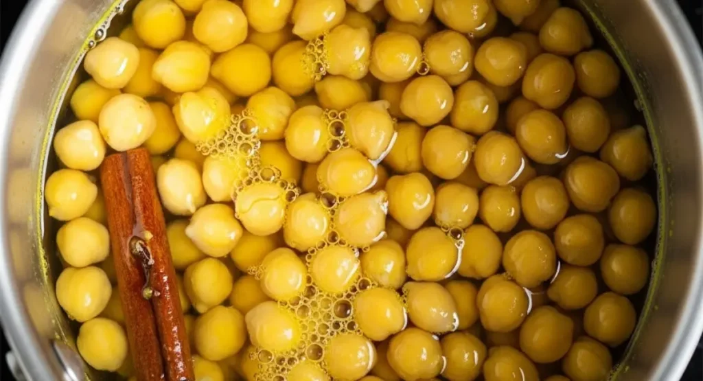 A top-down close-up shot of chickpeas simmering in a pot with a cinnamon stick, an essential first step for this Moroccan dish.