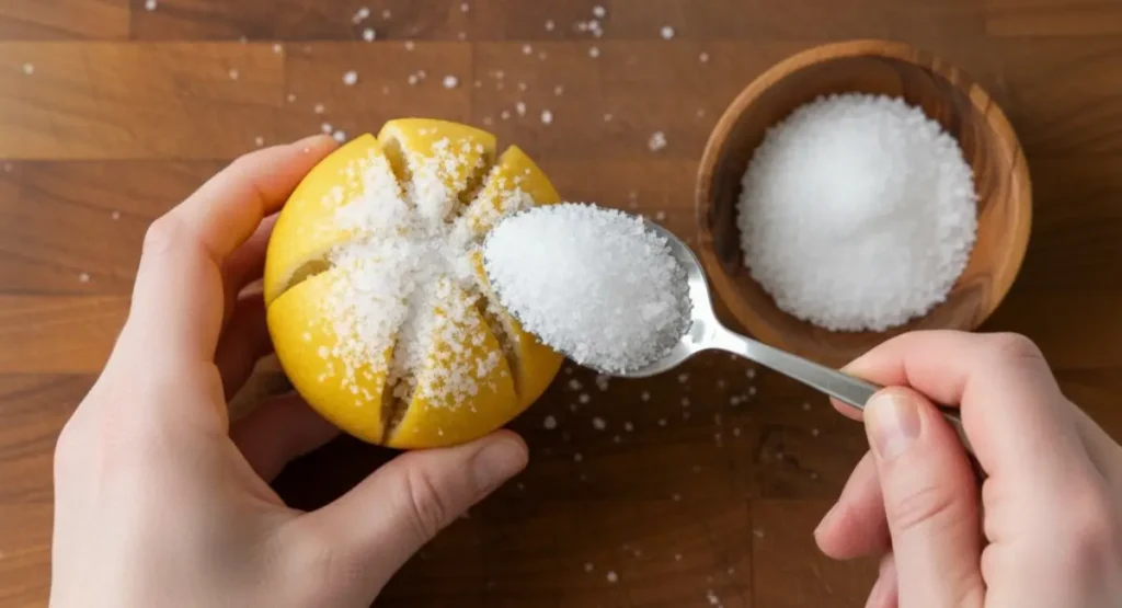 A close-up shot of hands holding a quartered lemon and using a spoon to generously stuff it with coarse salt, a key step in how to make preserved lemons.