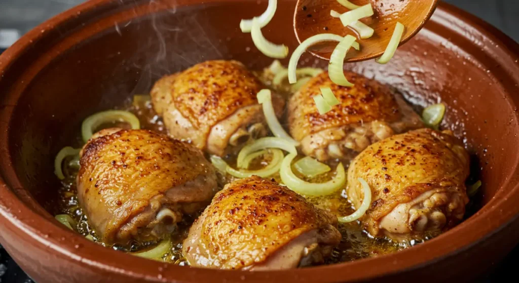 Chicken thighs being browned with onions in a tagine pot, the first cooking step for this authentic chicken tagine recipe.