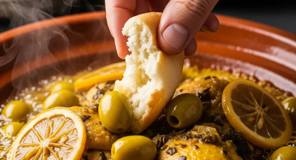 A hand tearing a piece of Moroccan bread to dip into a steaming chicken and olive tagine.