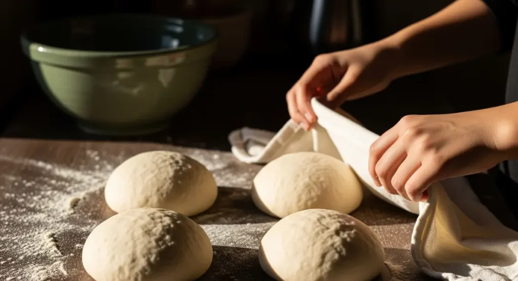 Four smooth, round balls of Moroccan bread dough resting on a wooden counter after being shaped.