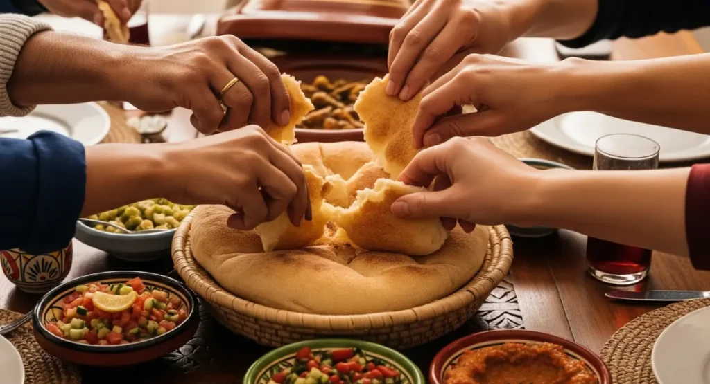 The hands of a family sharing a meal, all reaching in to tear pieces from a large Moroccan bread in a basket.